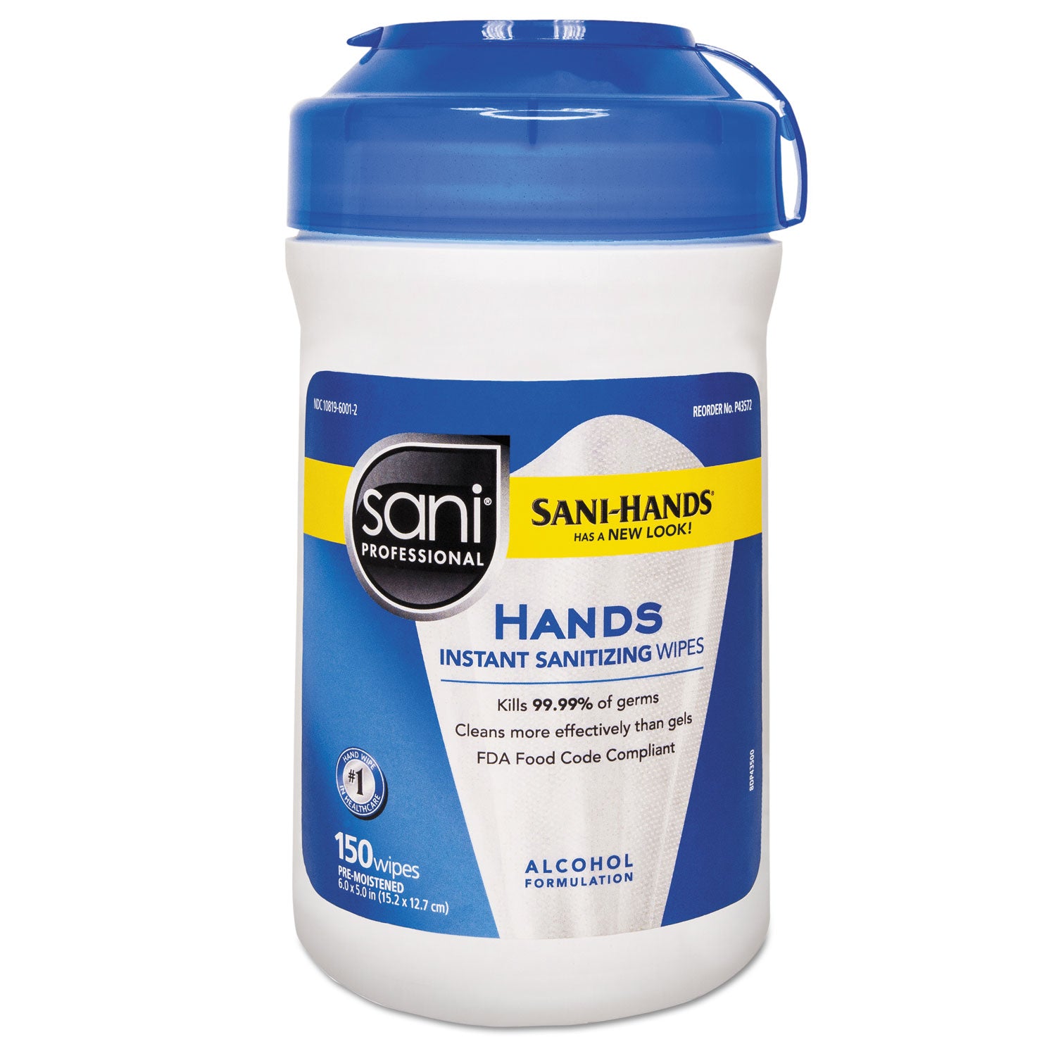 Hands Instant Sanitizing Wipes, 6 x 5, Unscented, White, 150/Canister, 12 Canisters/Carton - 