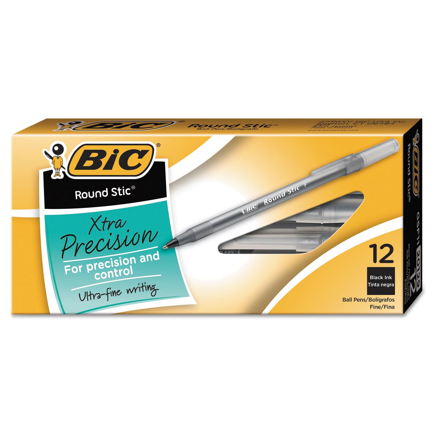 Round Stic Xtra Precision Ballpoint Pen, Stick, Fine 0.8 mm, Black Ink, Smoke Barrel, Dozen