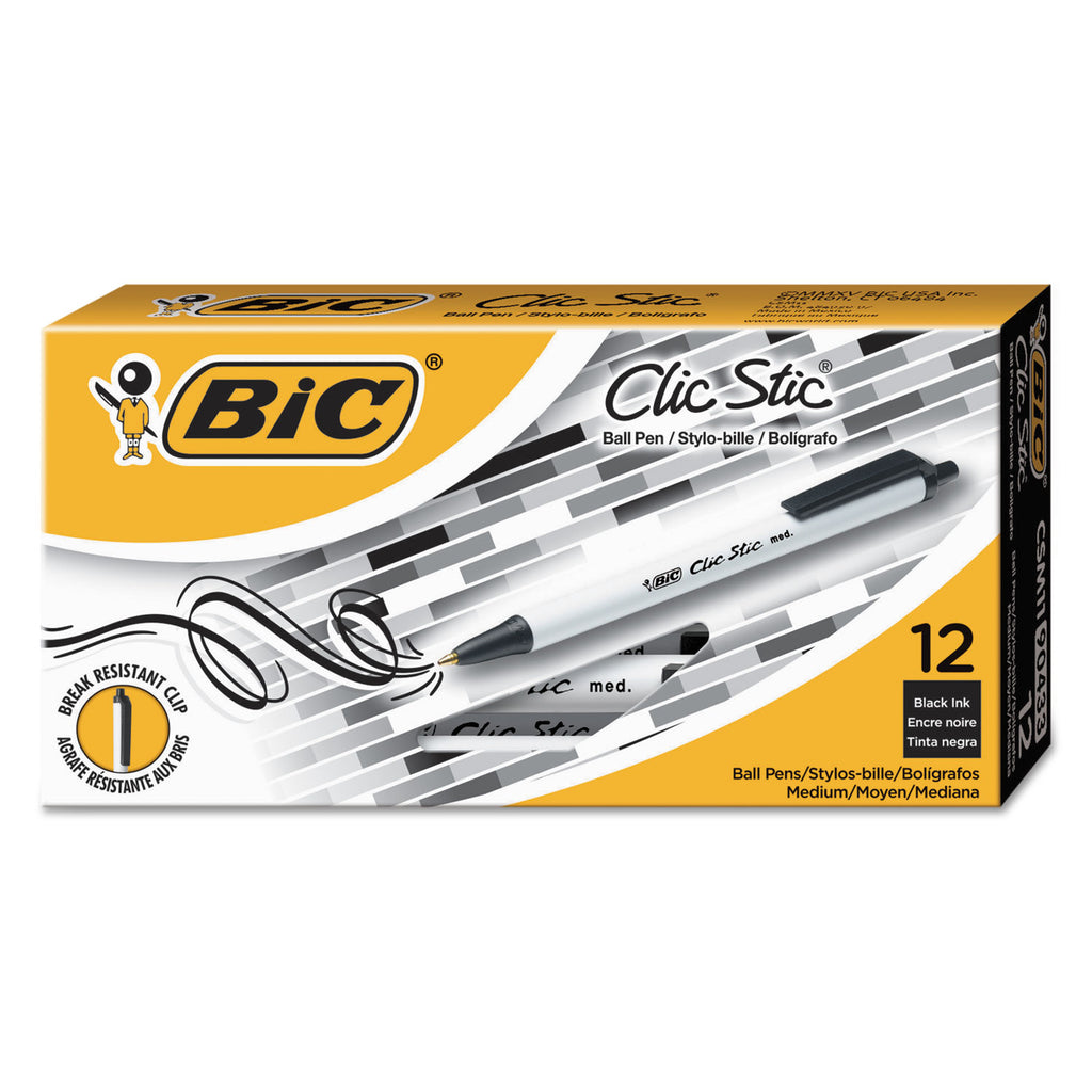 Clic Stic Ballpoint Pen Value Pack, Retractable, Medium 1 mm, Black Ink, White Barrel, 24/Pack