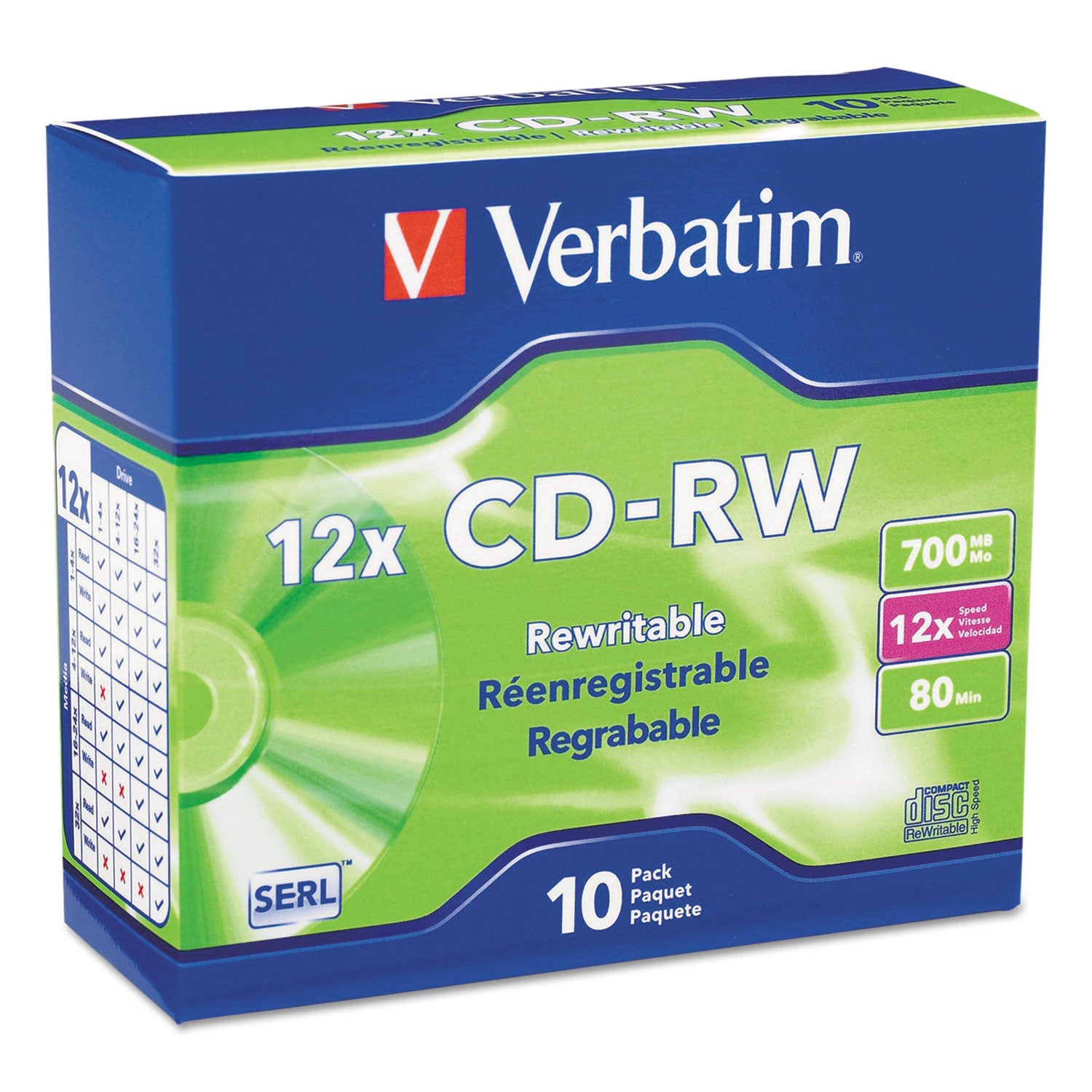 CD-RW High-Speed Rewritable Disc, 700 MB/80 min, 12x, Slim Jewel Case, Silver, 10/Pack - 