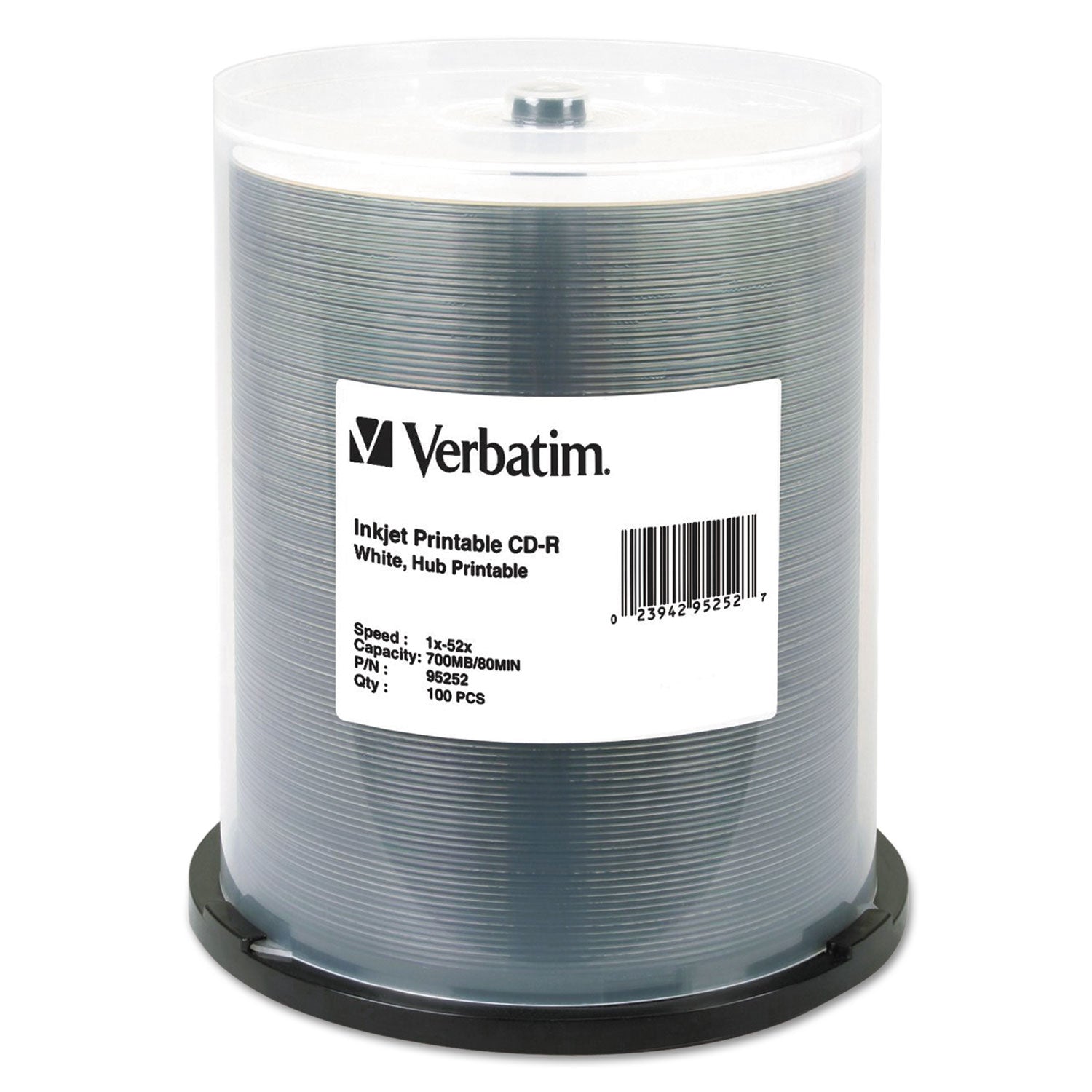 CD-R Printable Recordable Disc, 700 MB, 52x, Spindle, White, 100/Pack - 