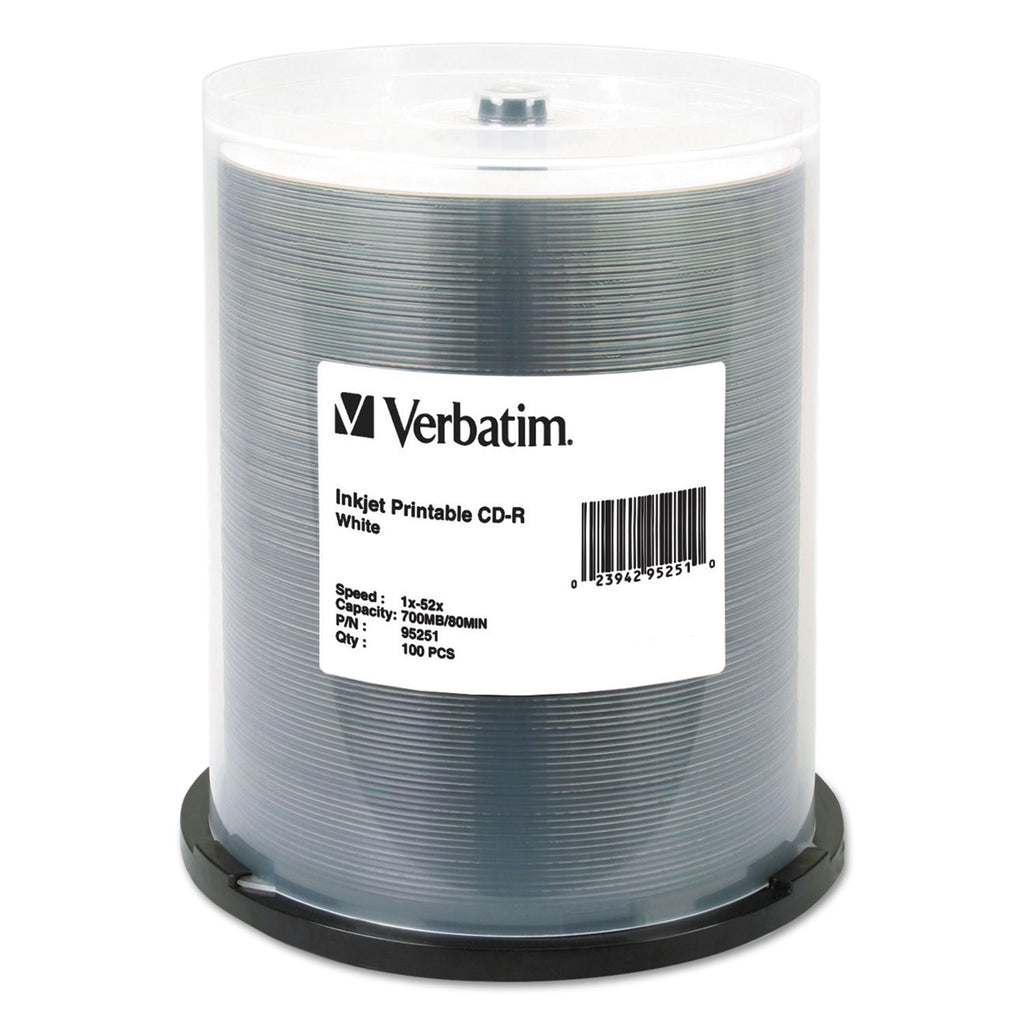 CD-R Printable Recordable Disc, 700 MB/80 min, 52x, Spindle, White, 100/Pack