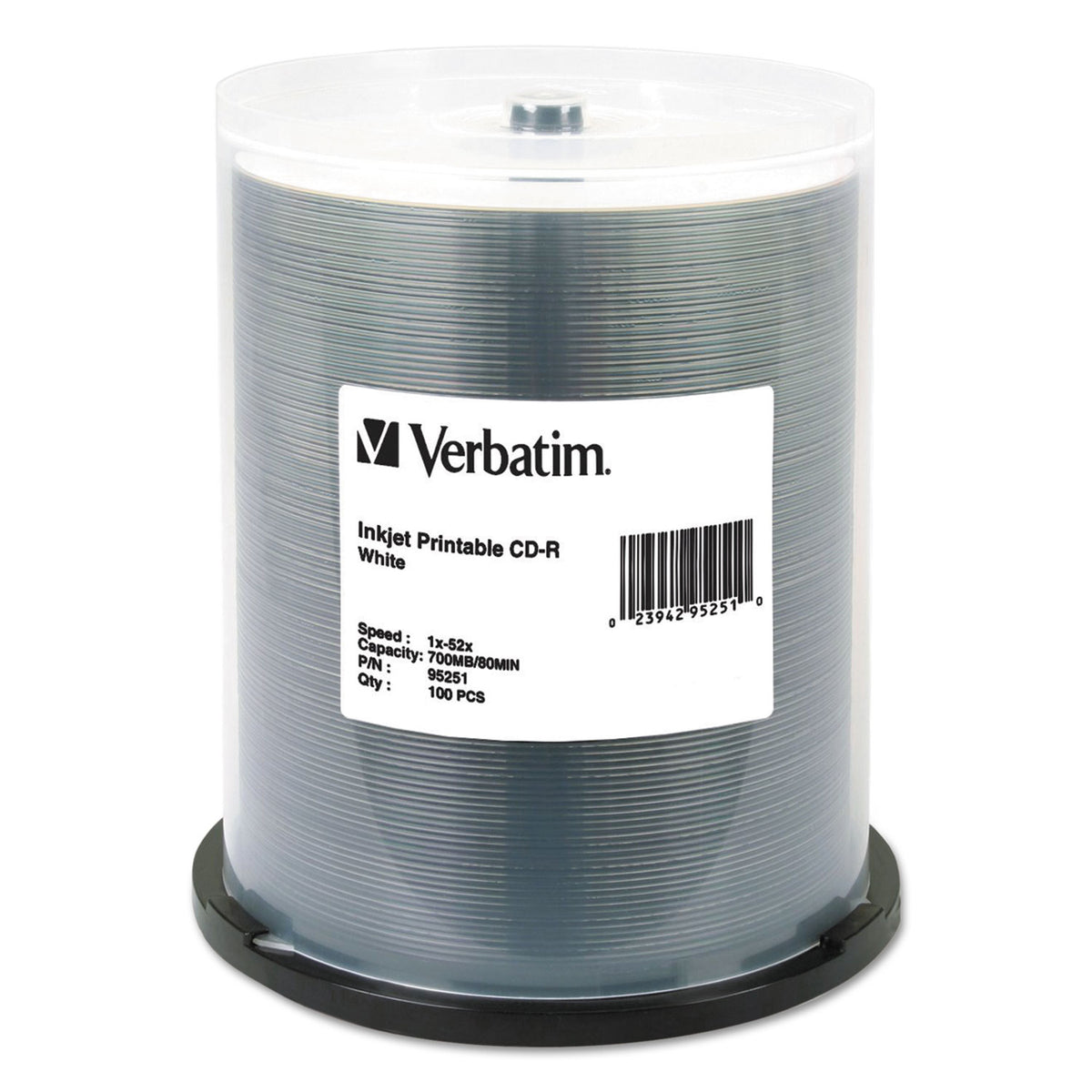 CD-R Printable Recordable Disc, 700 MB/80 min, 52x, Spindle, White, 100/Pack