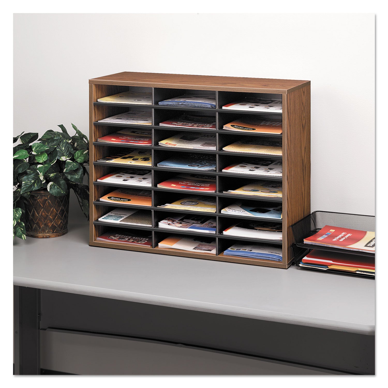 Literature Organizer, 24 Letter Compartments, 29 x 11.88 x 23.44, Medium Oak - 