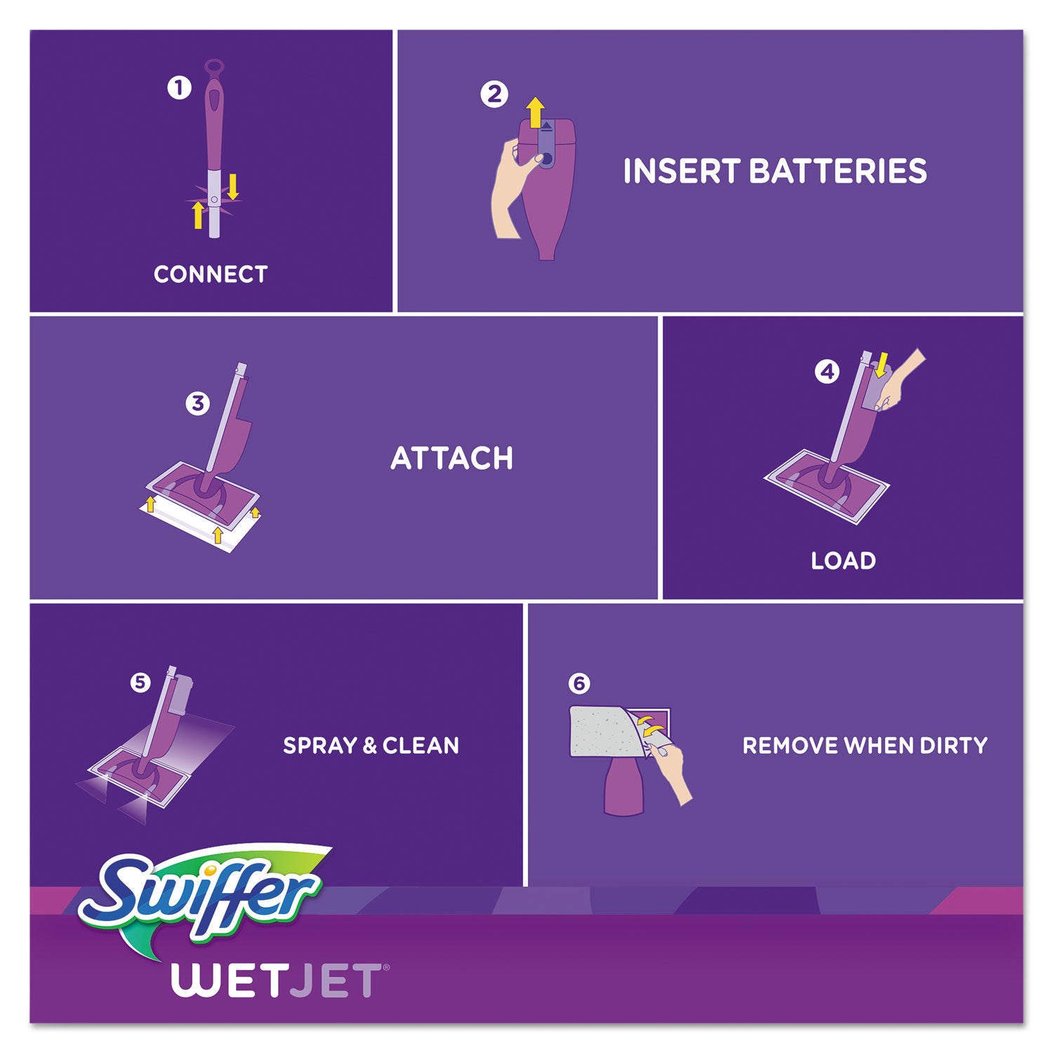 WetJet Mop, 11 x 5 White Cloth Head, 46" Purple/Silver Aluminum/Plastic Handle, 2/Carton - 