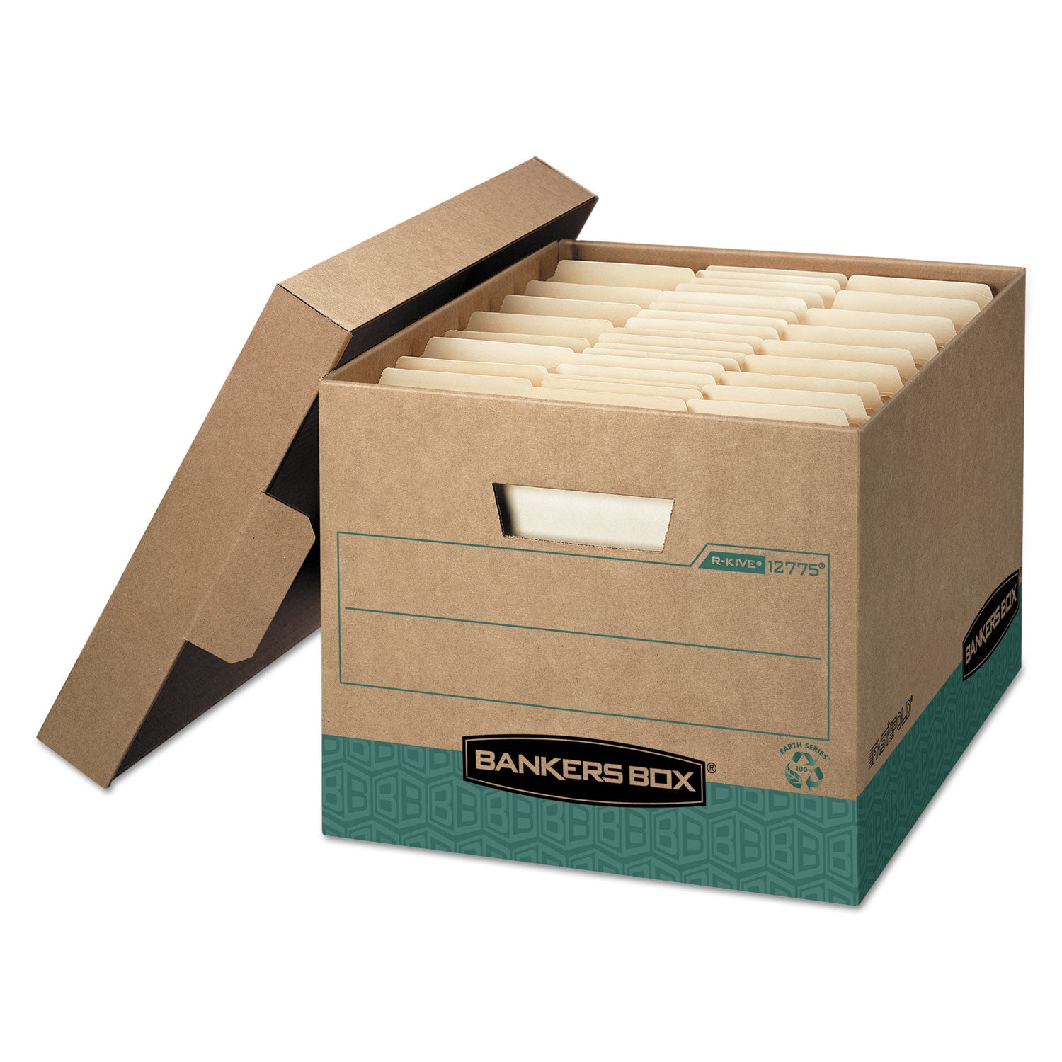 R-KIVE Heavy-Duty Storage Boxes, Letter/Legal Files, 12.75" x 16.5" x 10.38", Kraft/Green, 12/Carton - 