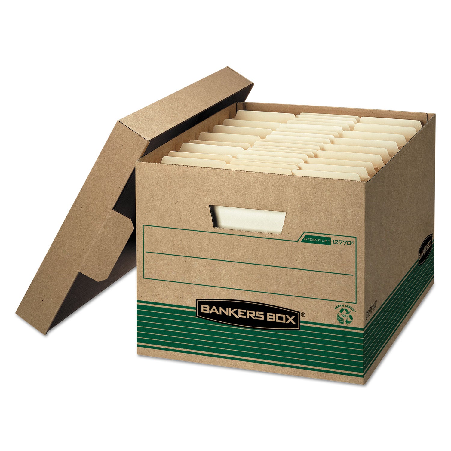 STOR/FILE Medium-Duty 100% Recycled Storage Boxes, Letter/Legal Files, 12.5" x 16.25" x 10.25", Kraft/Green, 12/Carton - 