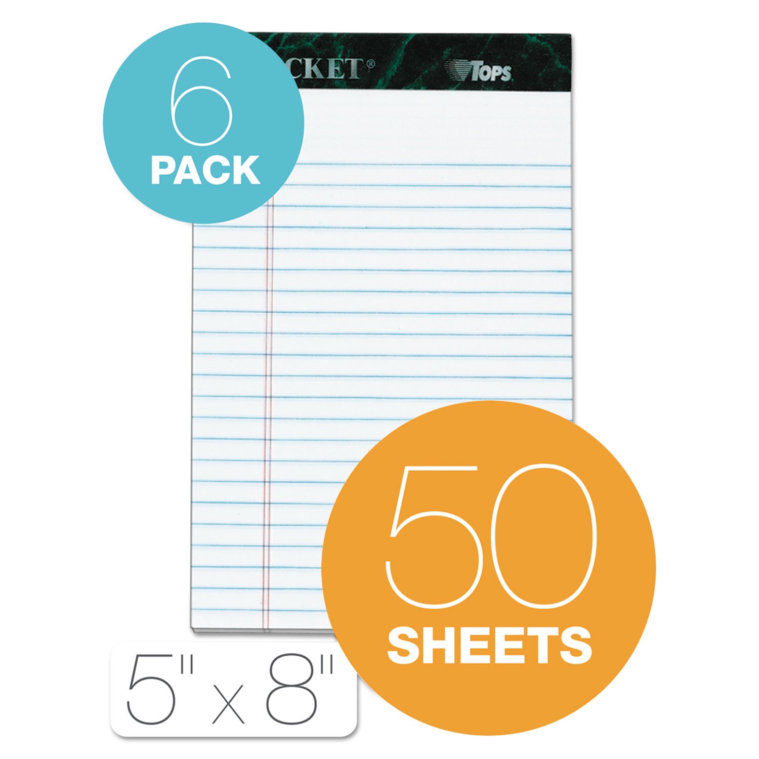 Docket Ruled Perforated Pads, Narrow Rule, 50 White 5 x 8 Sheets, 6/Pack - 