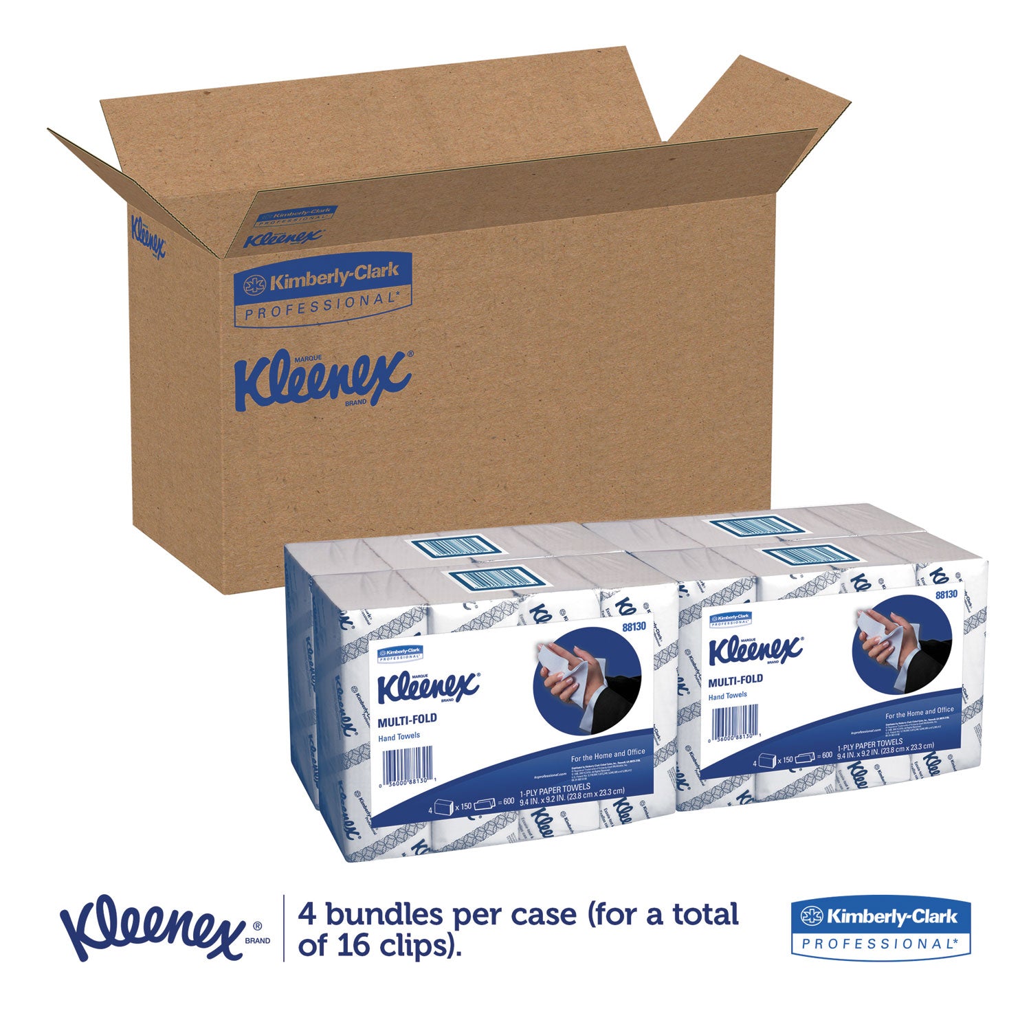 Multi-Fold Paper Towels, 4-Pack Bundles, 1-Ply, 9.2 x 9.4, White, 150/Pack, 16 Packs/Carton - 