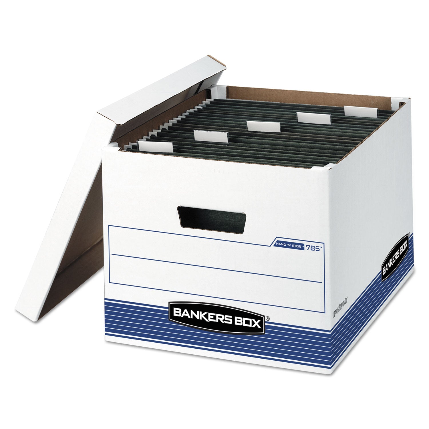 HANG'N'STOR Medium-Duty Storage Boxes, Letter/Legal Files, 13" x 16" x 10.5", White/Blue, 4/Carton - 