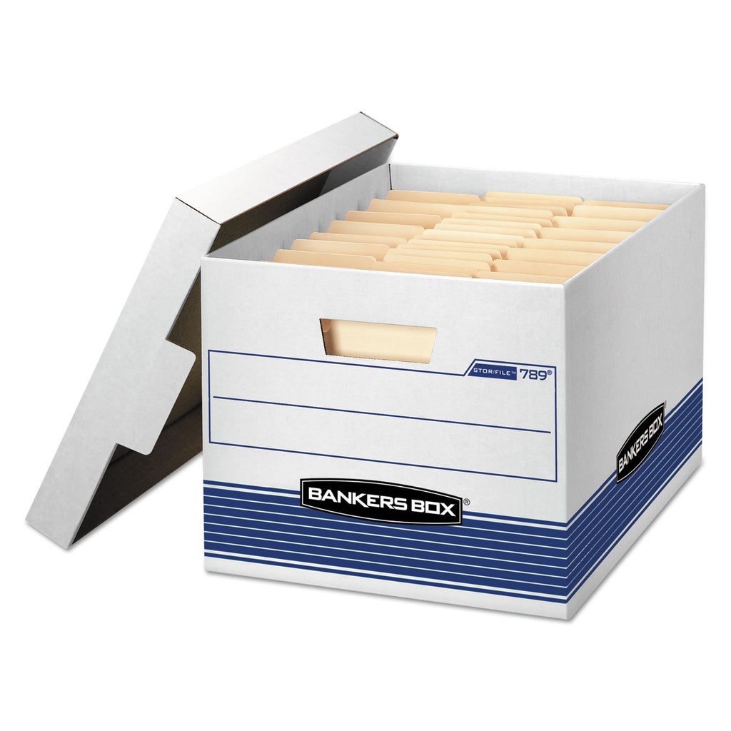 STOR/FILE Medium-Duty Letter/Legal Storage Boxes, Letter/Legal Files, 12.75" x 16.5" x 10.5", White/Blue, 12/Carton - 