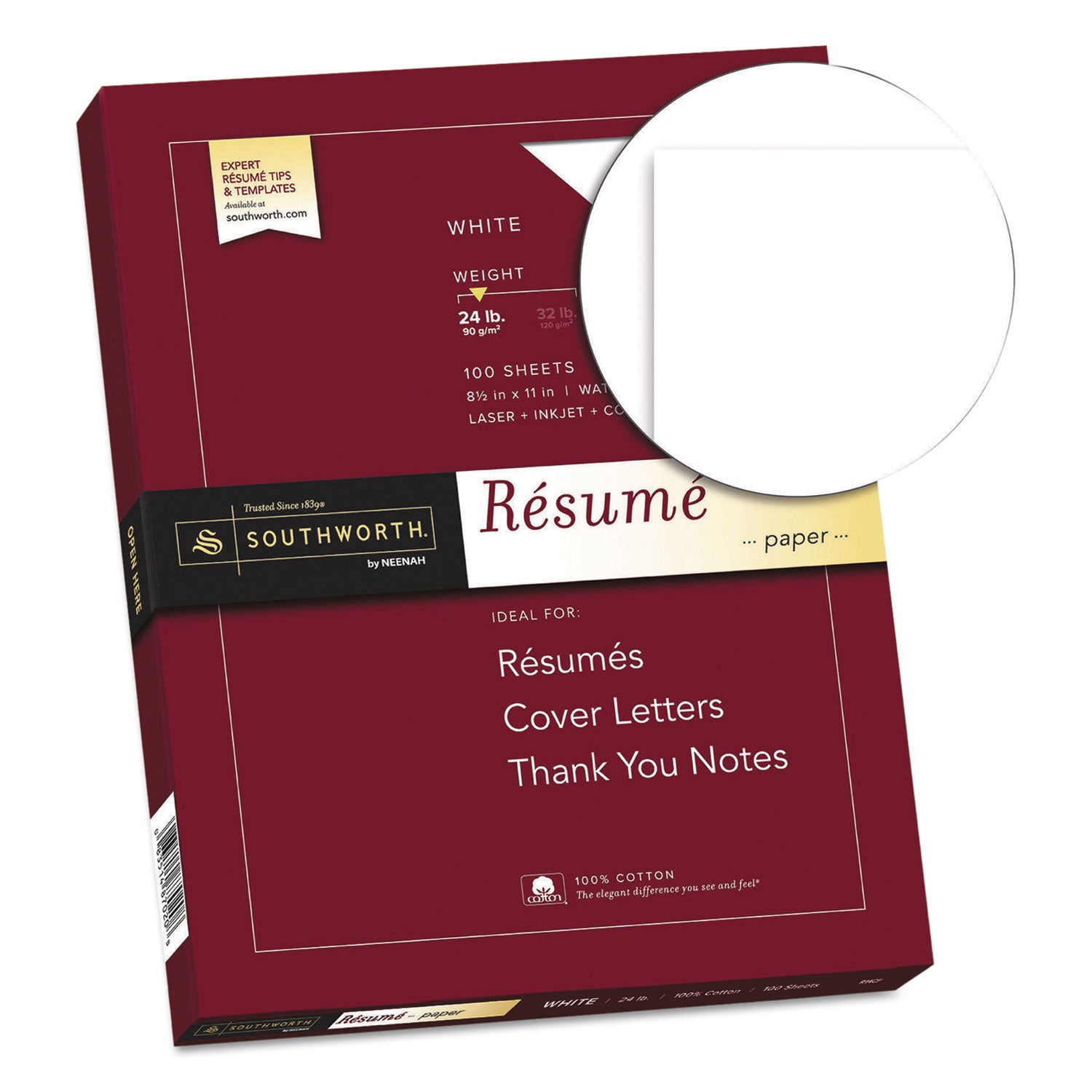 100% Cotton Resume Paper, 95 Bright, 24 lb Bond Weight, 8.5 x 11, White, 100/Pack - 