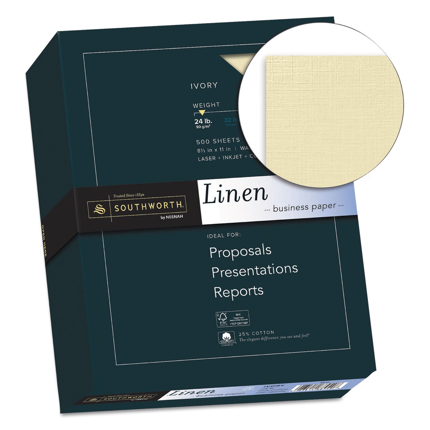 25% Cotton Linen Business Paper, 24 lb Bond Weight, 8.5 x 11, Ivory, 500/Ream - 