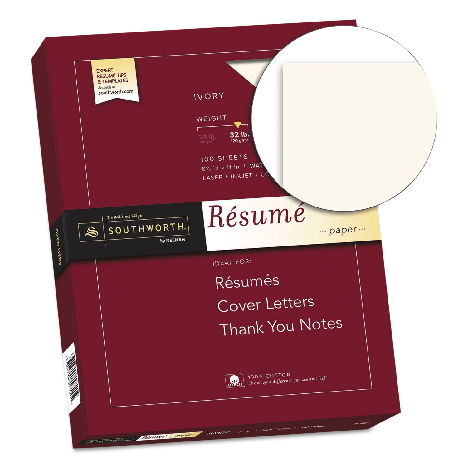 100% Cotton Resume Paper, 32 lb Bond Weight, 8.5 x 11, Ivory, 100/Pack - 