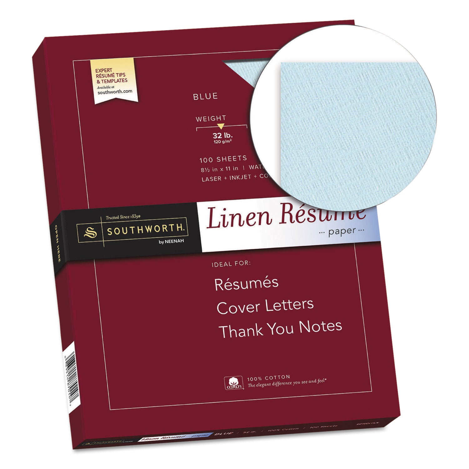 100% Cotton Premium Weight Linen Resume Paper, 32 lb Bond Weight, 8.5 x 11, Blue, 100/Pack - 
