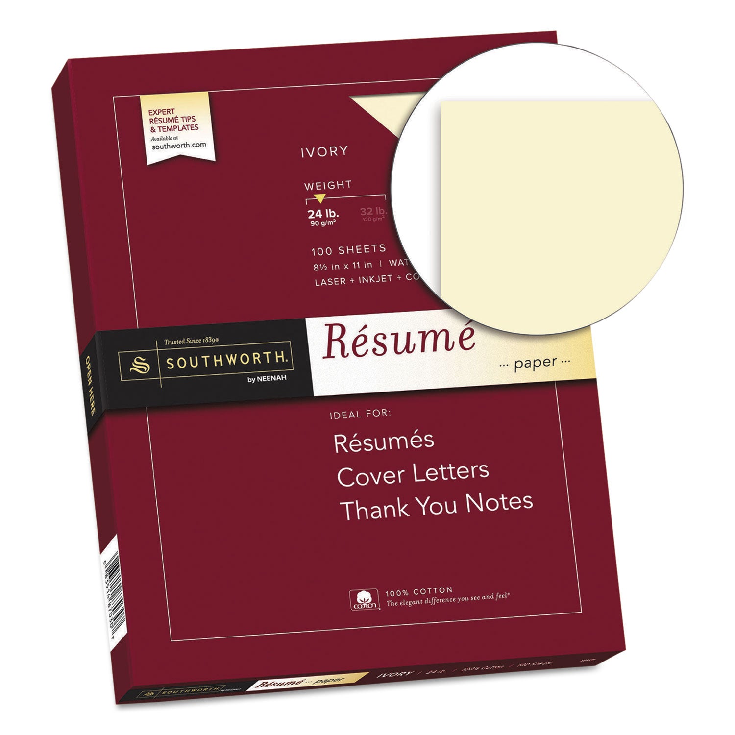 100% Cotton Resume Paper, 24 lb Bond Weight, 8.5 x 11, Ivory, 100/Pack - 