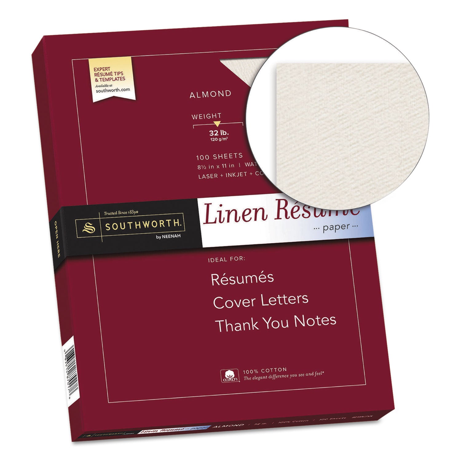 100% Cotton Premium Weight Linen Resume Paper, 32 lb Bond Weight, 8.5 x 11, Almond, 100/Pack - 