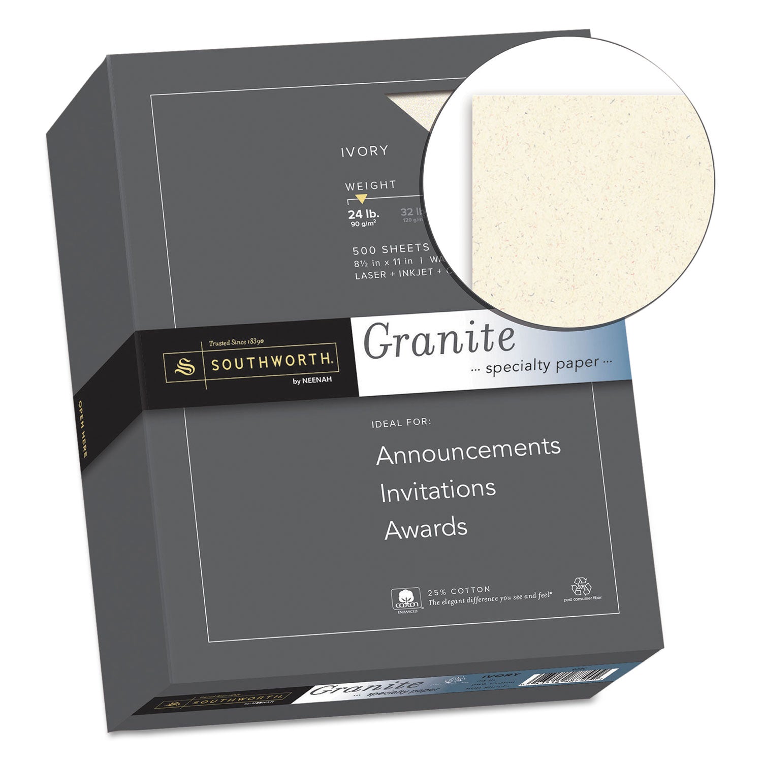 Granite Specialty Paper, 24 lb Bond Weight, 8.5 x 11, Ivory, 500/Ream - 