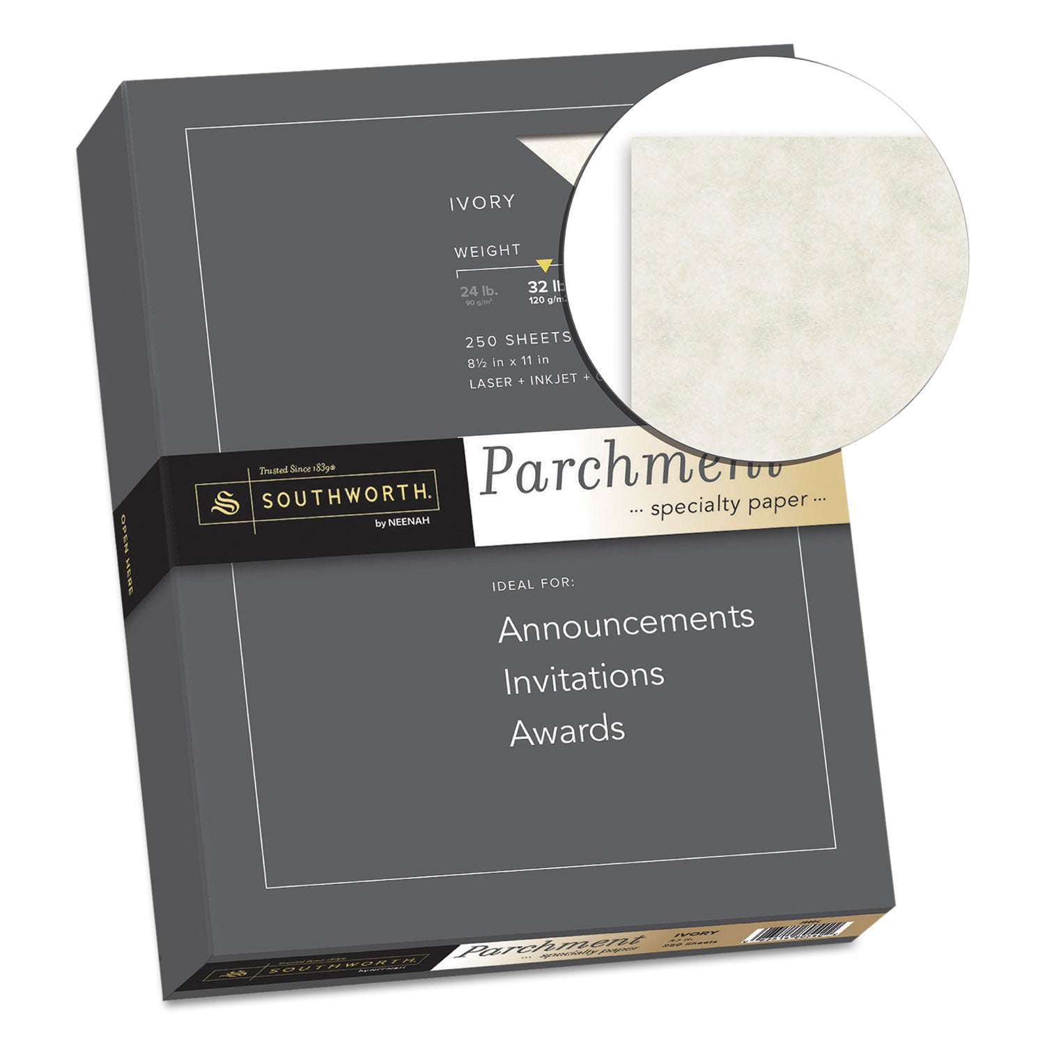 Parchment Specialty Paper, 32 lb Bond Weight, 8.5 x 11, Ivory, 250/Pack - 