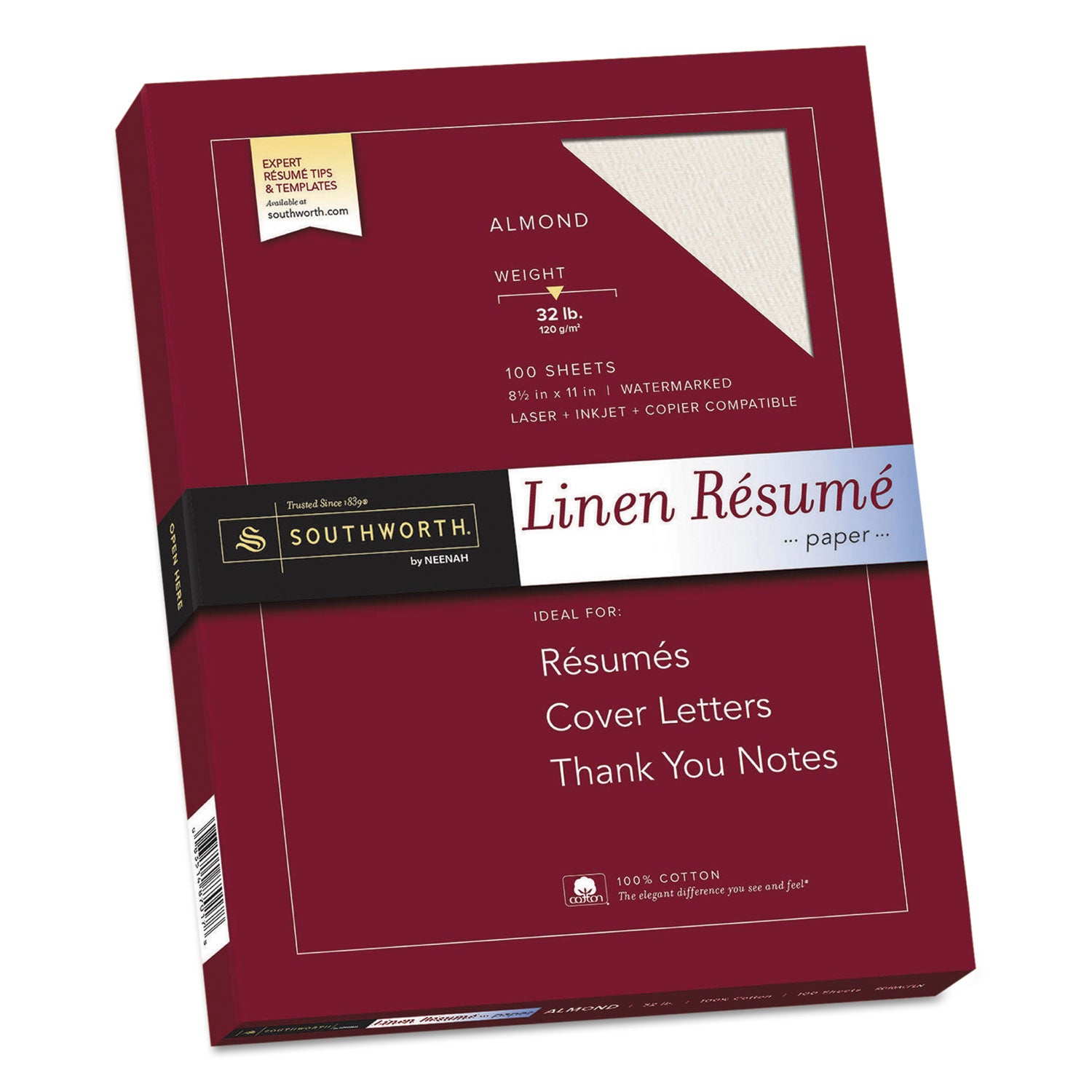 100% Cotton Premium Weight Linen Resume Paper, 32 lb Bond Weight, 8.5 x 11, Almond, 100/Pack - 