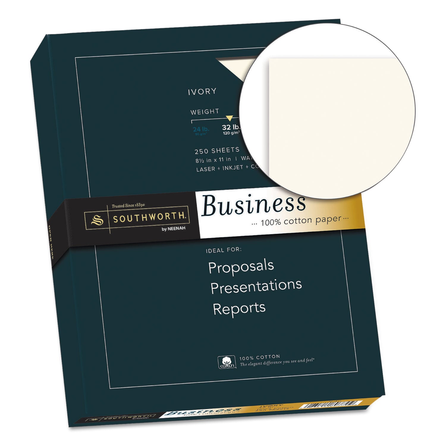 100% Cotton Business Paper, 32 lb Bond Weight, 8.5 x 11, Ivory, 250/Pack - 