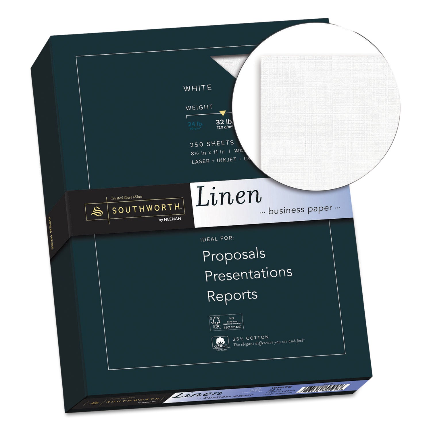 25% Cotton Linen Business Paper, 32 lb Bond Weight, 8.5 x 11, White, 250/Pack - 