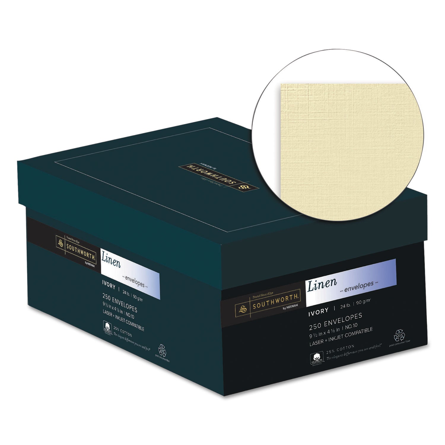 25% Cotton Linen #10 Envelope, Commercial Flap, Gummed Closure, 4.13 x 9.5, Ivory, 250/Box