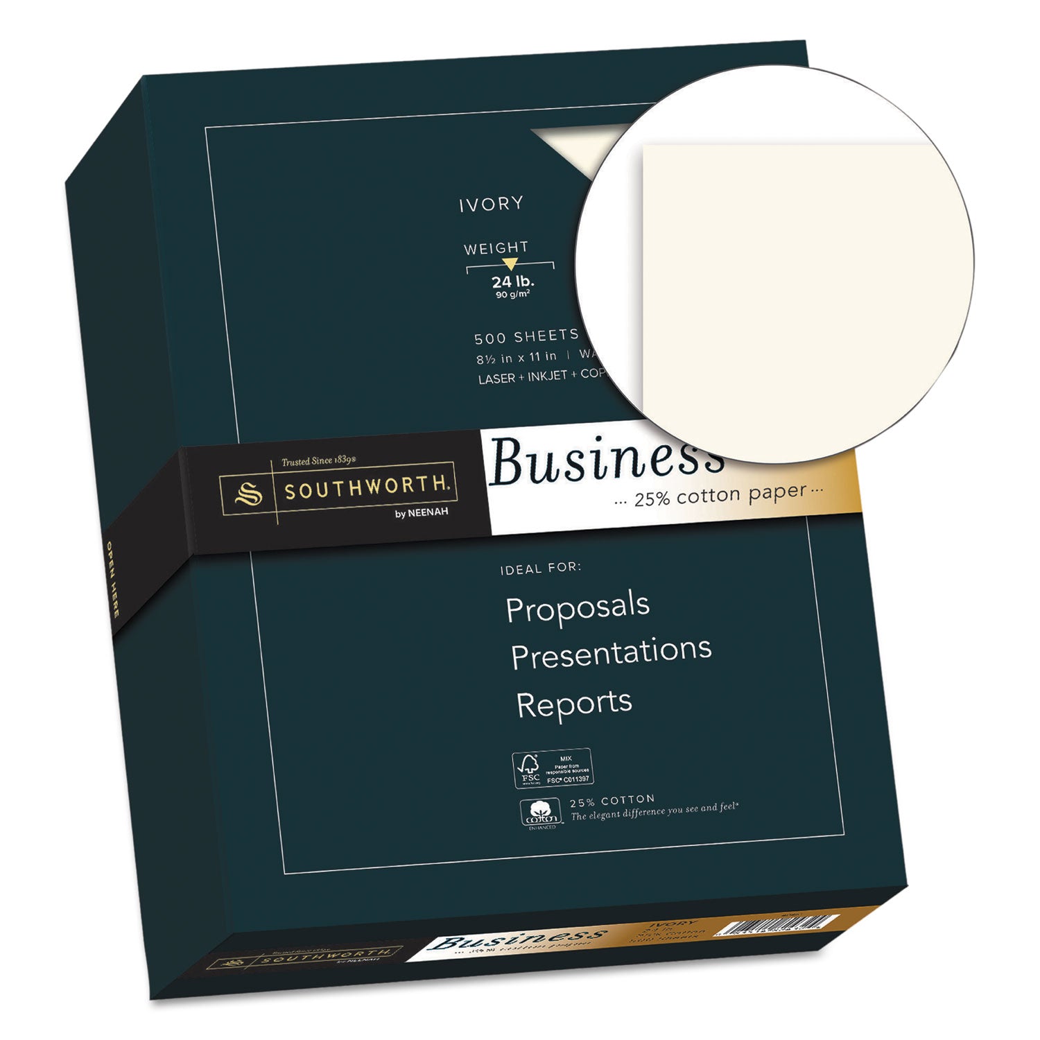 25% Cotton Business Paper, 95 Bright, 24 lb Bond Weight, 8.5 x 11, Ivory, 500 Sheets/Ream