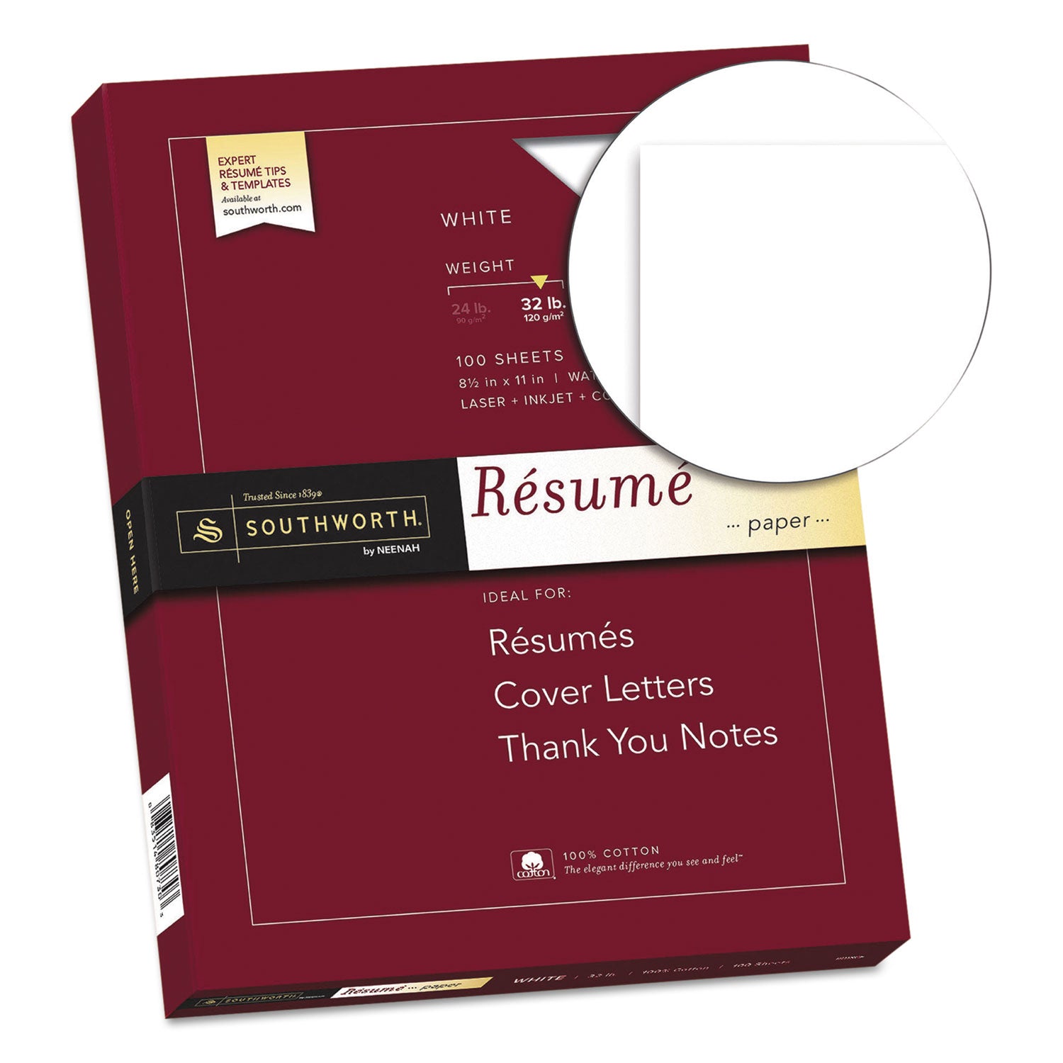 100% Cotton Resume Paper, 95 Bright, 32 lb Bond Weight, 8.5 x 11, White, 100/Pack - 