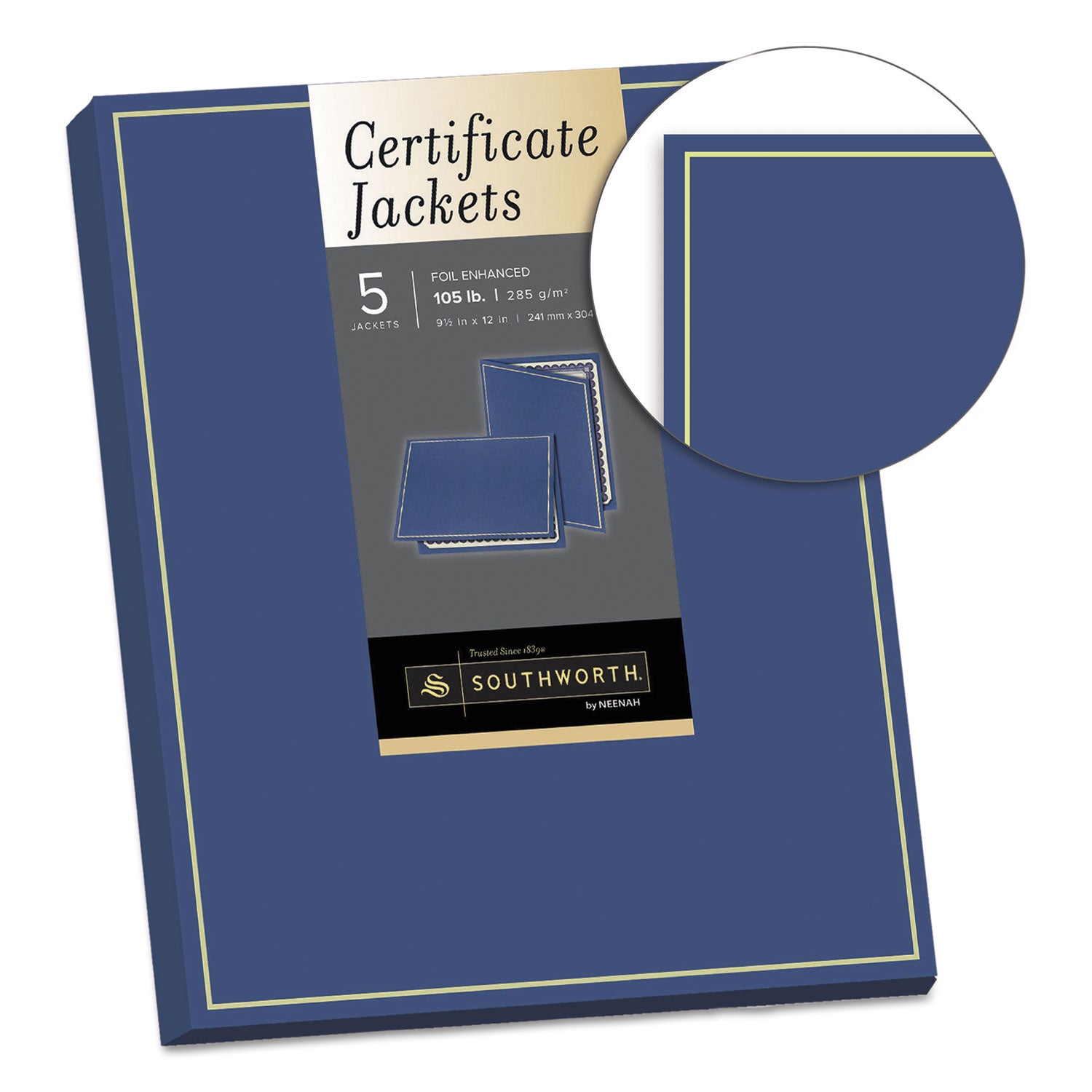 Certificate Jacket, Navy/Gold Border, 88-lb Felt Finish Stock, 12 x 9.5, 5/Pack - 