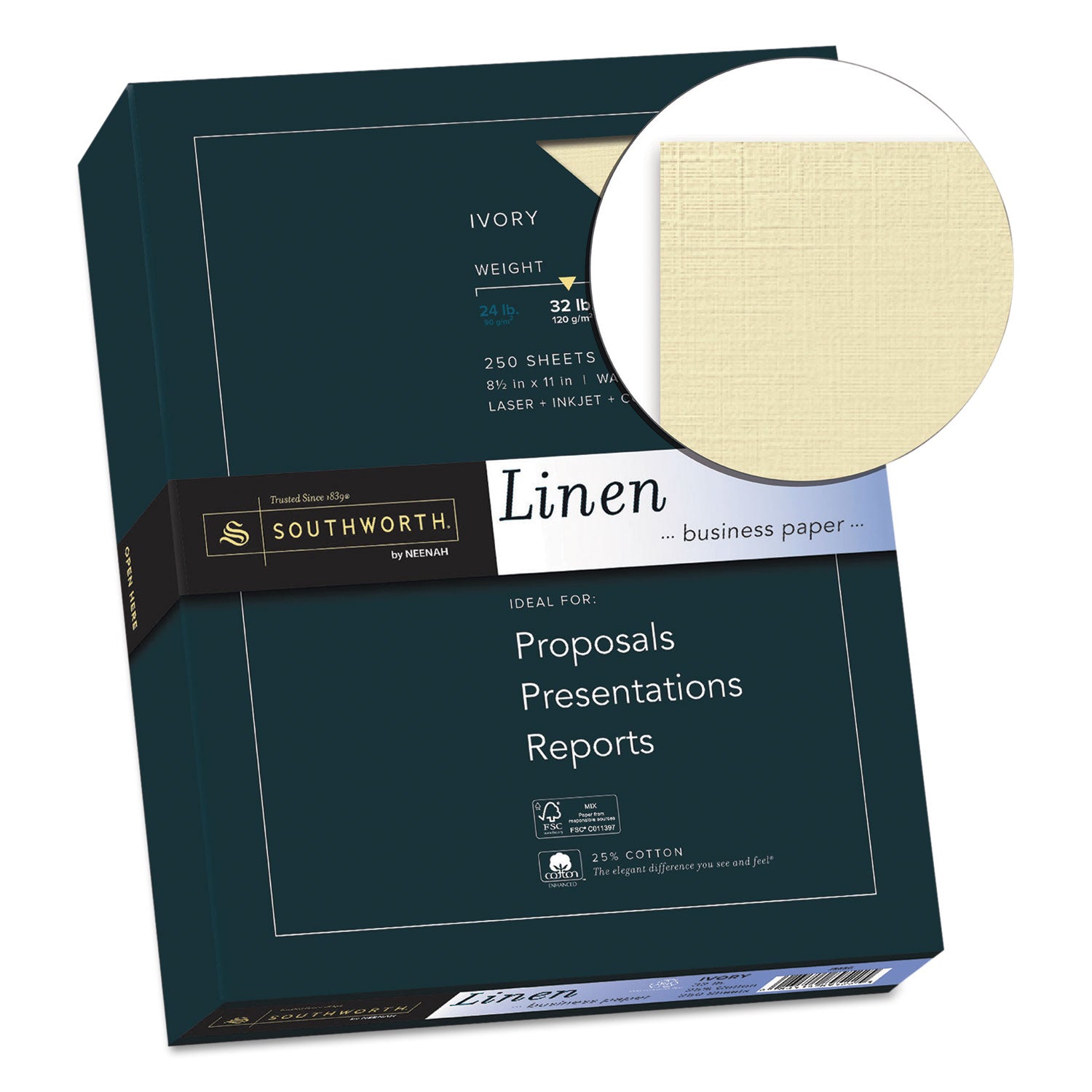 25% Cotton Linen Business Paper, 32 lb Bond Weight, 8.5 x 11, Ivory, 250/Pack - 