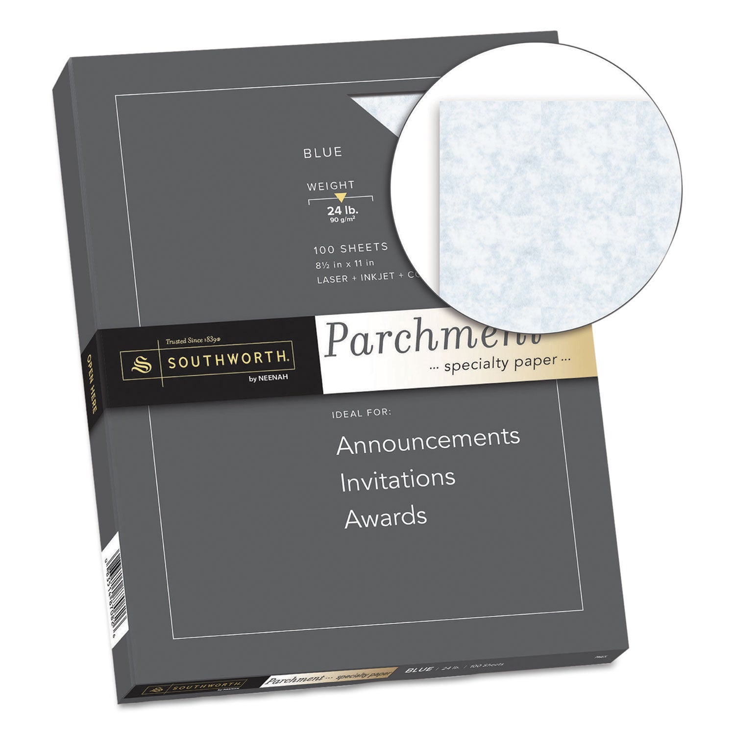 Parchment Specialty Paper, 24 lb Bond Weight, 8.5 x 11, Blue, 100/Box - 