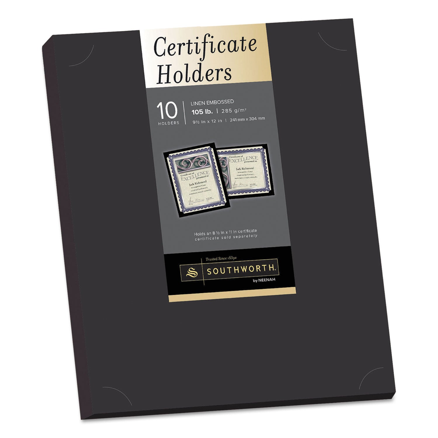 Certificate Holder, Black, 105lb Linen Stock, 12 x 9.5, 10/Pack - 