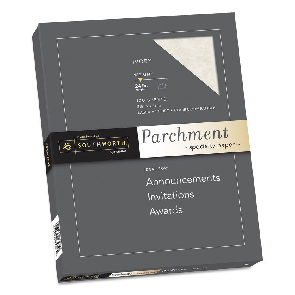 Southworth Parchment Specialty Paper - Letter - 8 1/2" x 11" - 24 lb Basis Weight - Parchment - 100 / Pack - Acid-free, Lignin-free - Ivory