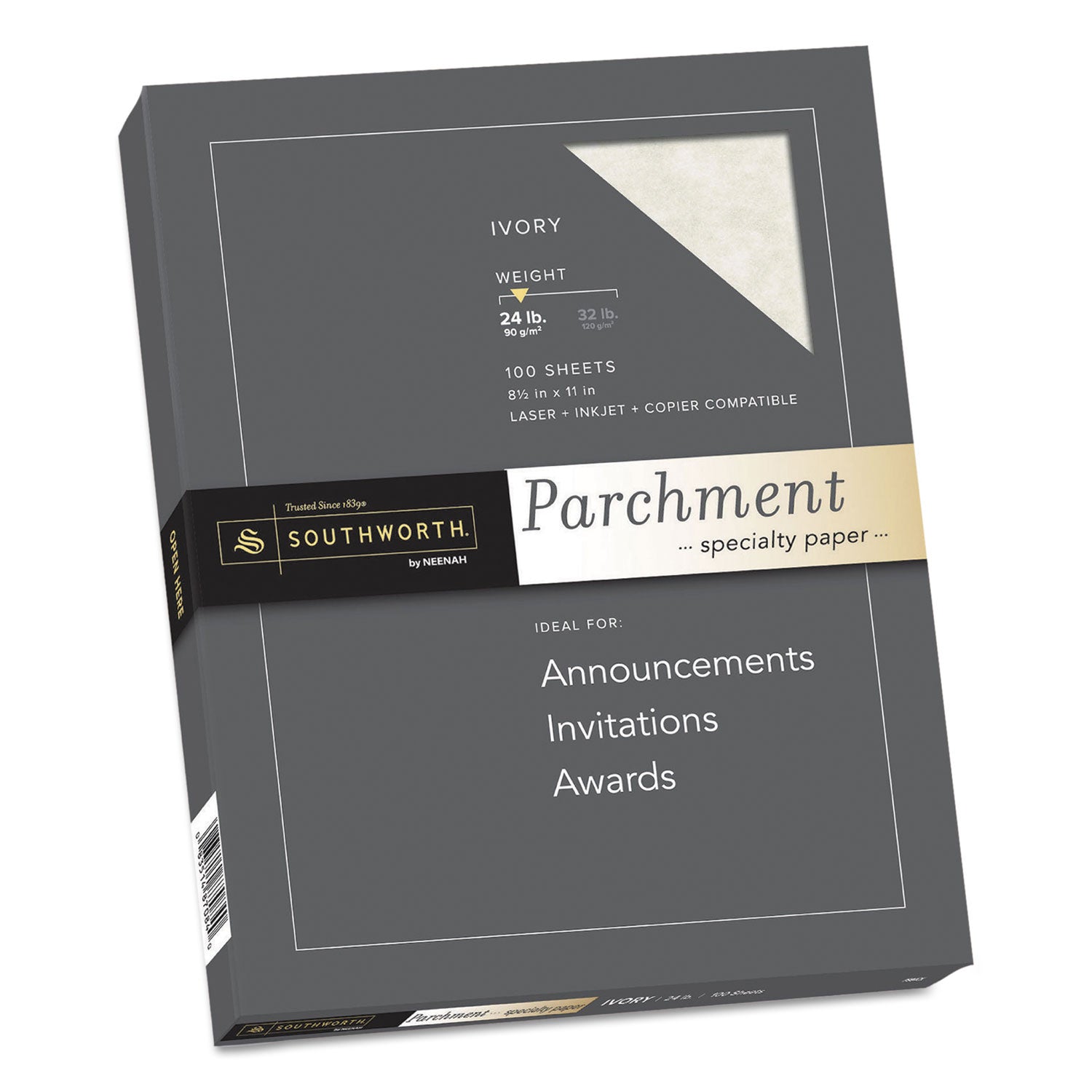 Southworth Parchment Specialty Paper - Letter - 8 1/2" x 11" - 24 lb Basis Weight - Parchment - 100 / Pack - Acid-free, Lignin-free - Ivory