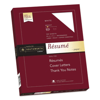 100% Cotton Resume Paper, 95 Bright, 24 lb Bond Weight, 8.5 x 11, White, 100/Pack