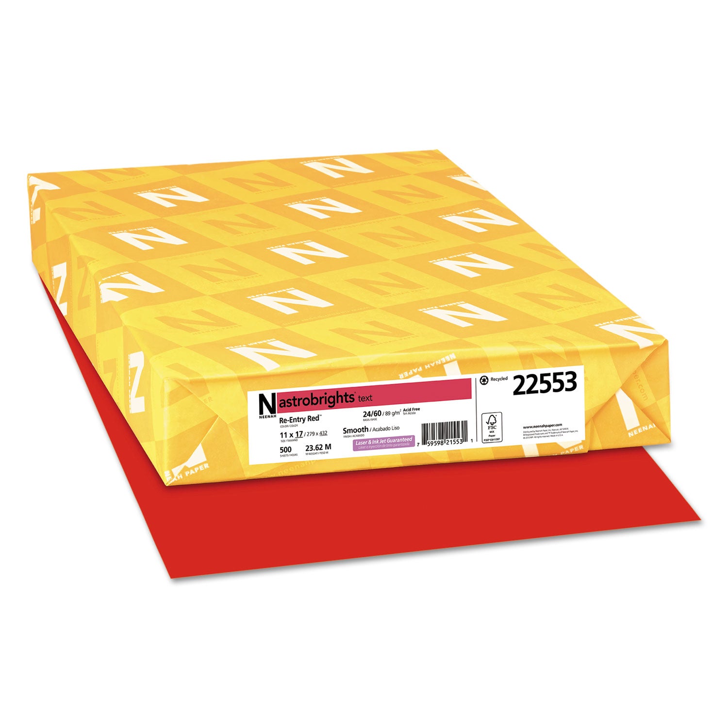 Color Paper, 24 lb Bond Weight, 11 x 17, Re-Entry Red, 500/Ream - 