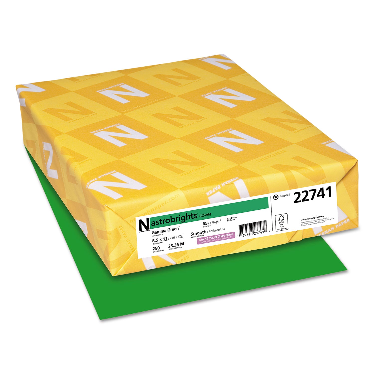 Color Cardstock, 65 lb Cover Weight, 8.5 x 11, Gamma Green, 250/Pack - 