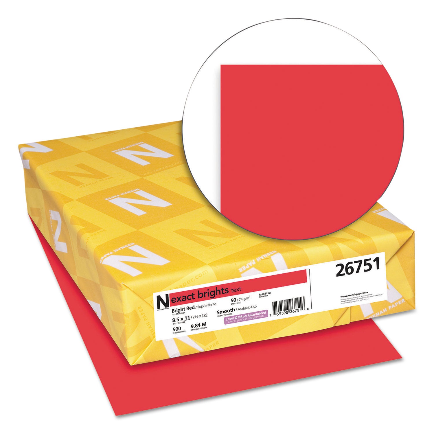 Exact Brights Paper, 20 lb Bond Weight, 8.5 x 11, Bright Red, 500/Ream - 