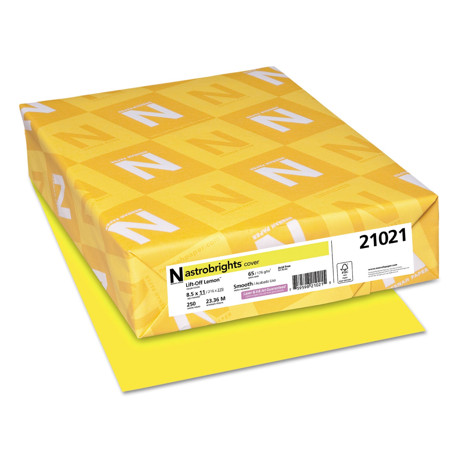 Color Cardstock, 65 lb Cover Weight, 8.5 x 11, Lift-Off Lemon, 250/Pack - 