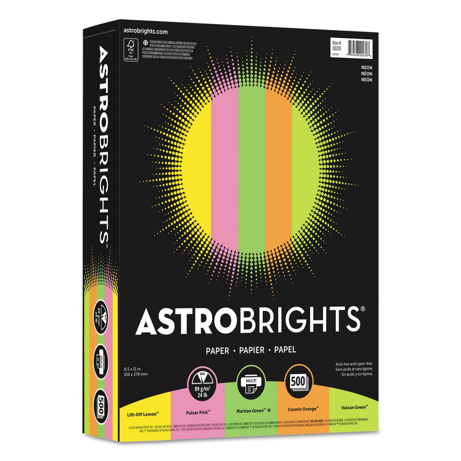 Color Paper - "Neon" Assortment, 24 lb Bond Weight, 8.5 x 11, Assorted Neon Colors, 500/Ream