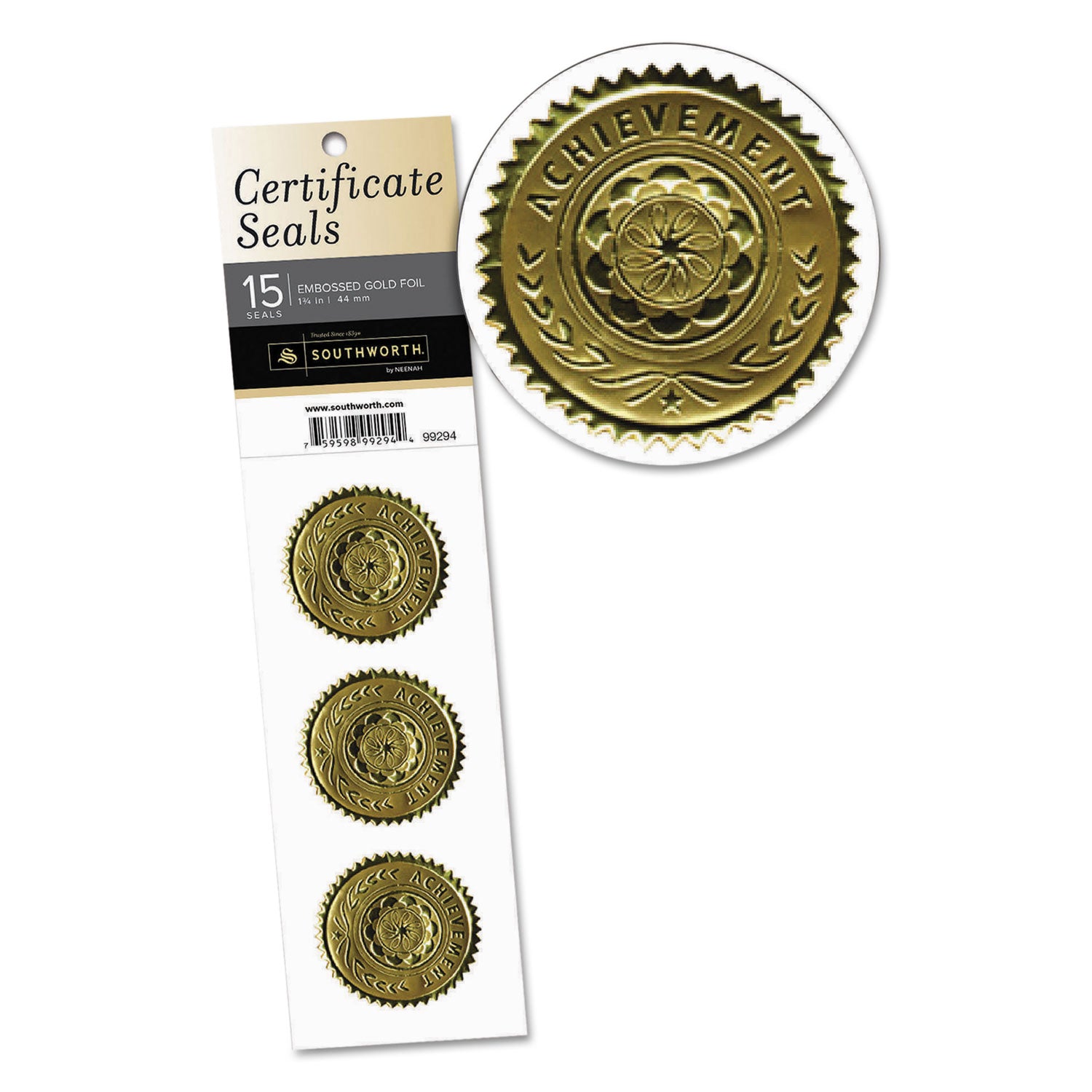 Certificate Seals, 1.75" dia, Gold, 3/Sheet, 5 Sheets/Pack - 