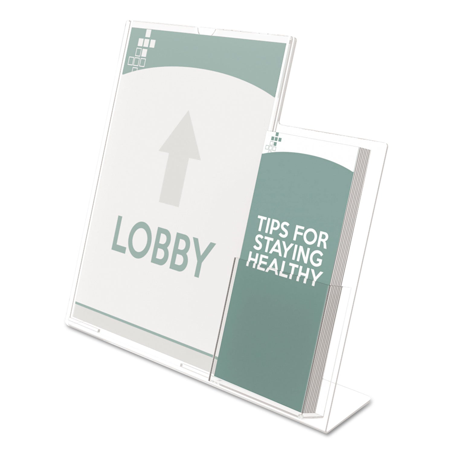Superior Image Slanted Sign Holder with Side Pocket, 13.5w x 4.25d x 10.88h, Clear - 