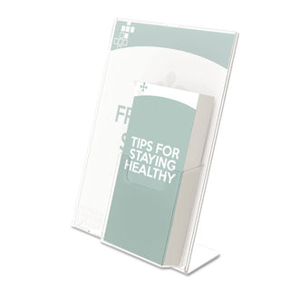 Superior Image Slanted Sign Holder with Front Pocket, 9w x 4.5d x 10.75h, Clear - 