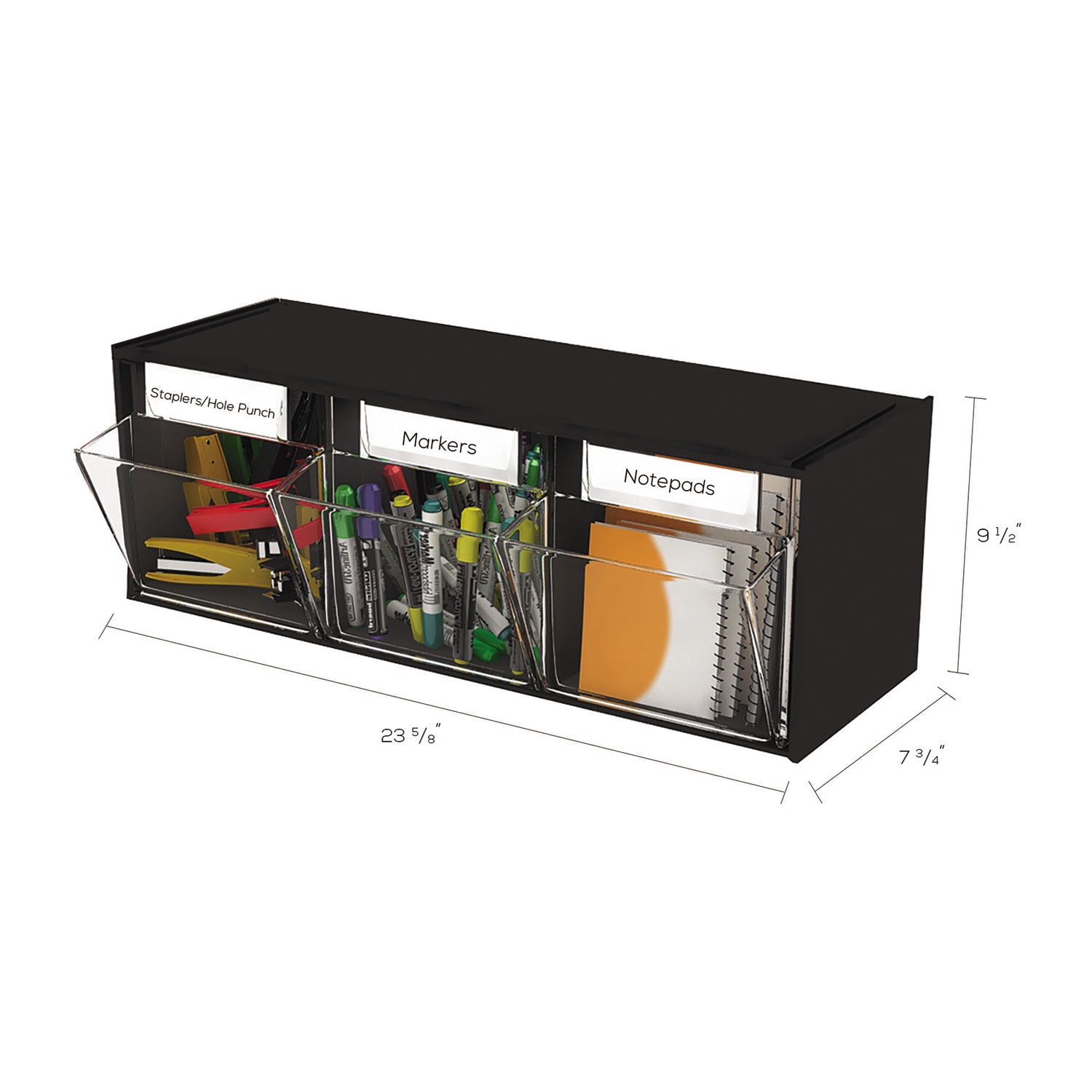 Tilt Bin Interlocking Multi-Bin Storage Organizer, 3 Sections, 23.63" x 7.75" x 9.5", Black/Clear - 