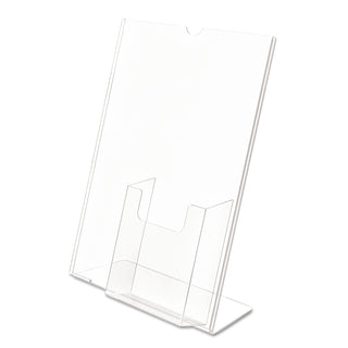 Superior Image Slanted Sign Holder with Front Pocket, 9w x 4.5d x 10.75h, Clear - 