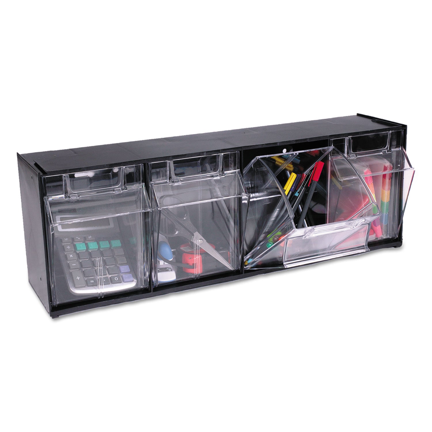 Tilt Bin Interlocking Multi-Bin Storage Organizer, 4 Sections, 23.63" x 6.63" x 8.13", Black/Clear - 