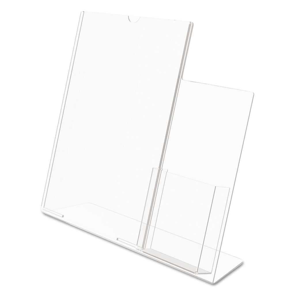 Superior Image Slanted Sign Holder with Side Pocket, 13.5w x 4.25d x 10.88h, Clear - 