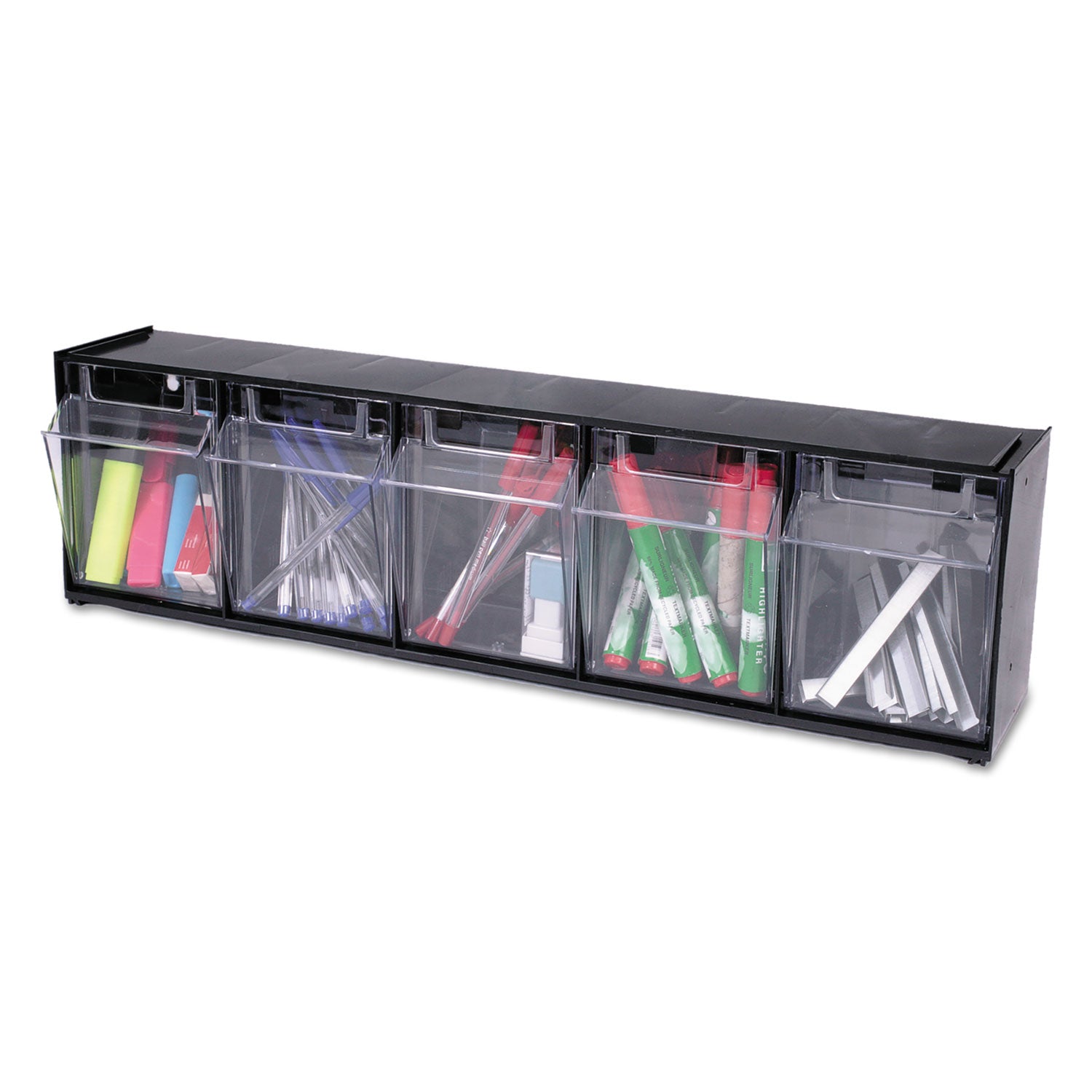 Tilt Bin Interlocking Multi-Bin Storage Organizer, 5 Sections, 23.63" x 5.25" x 6.5", Black/Clear