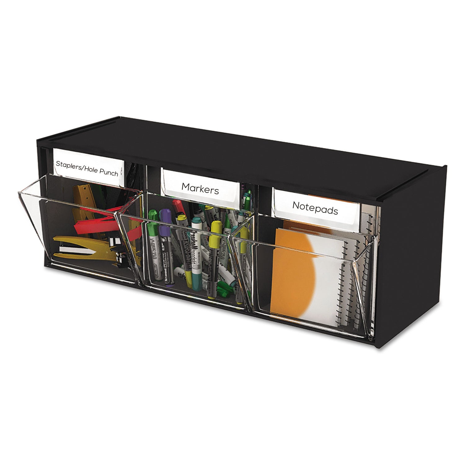 Tilt Bin Interlocking Multi-Bin Storage Organizer, 3 Sections, 23.63" x 7.75" x 9.5", Black/Clear - 